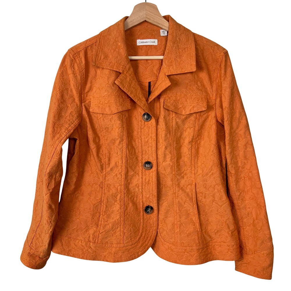 Coldwater Creek Women Orange Floral Jacquard Button Front Jacket Size 16 Stretch